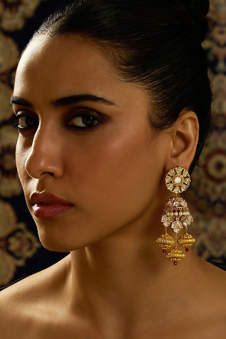 Gold Finish Temple Motifs Jhumka Earrings by Joules By Radhika at Pernia's Pop Up Shop