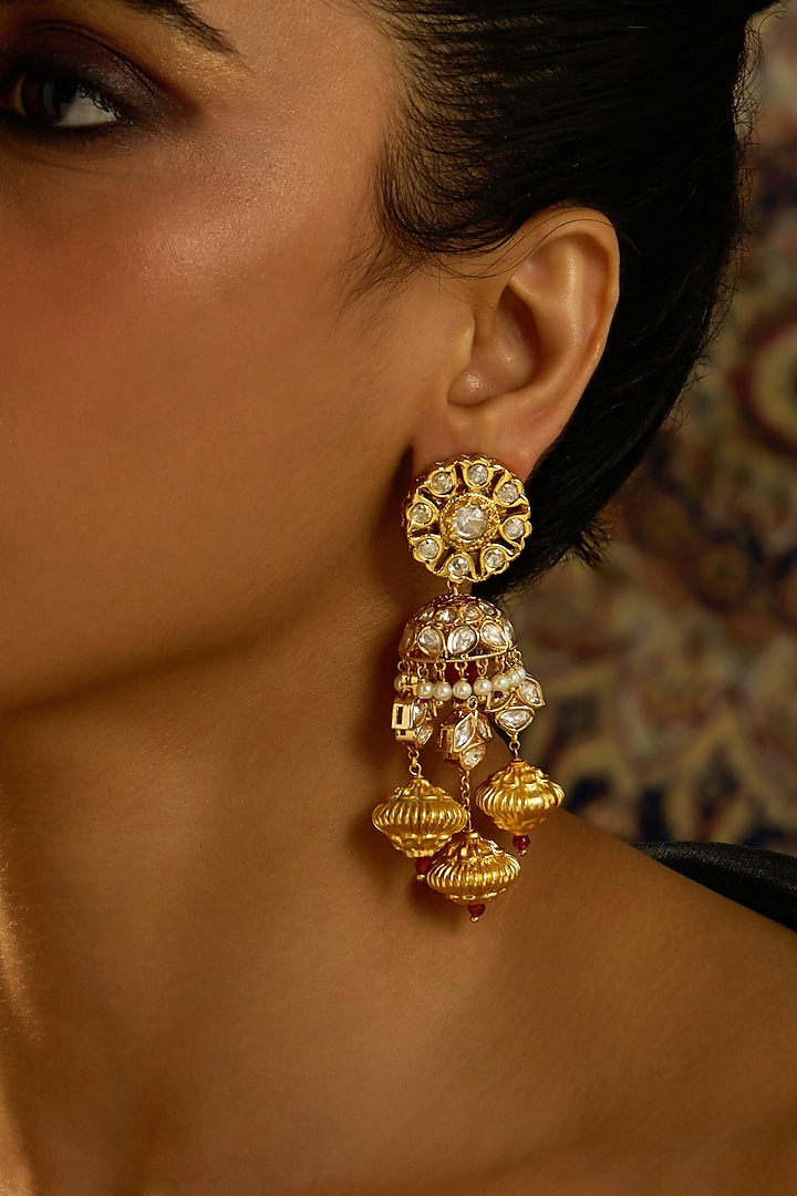 Gold Finish Temple Motifs Jhumka Earrings by Joules By Radhika at Pernia's Pop Up Shop