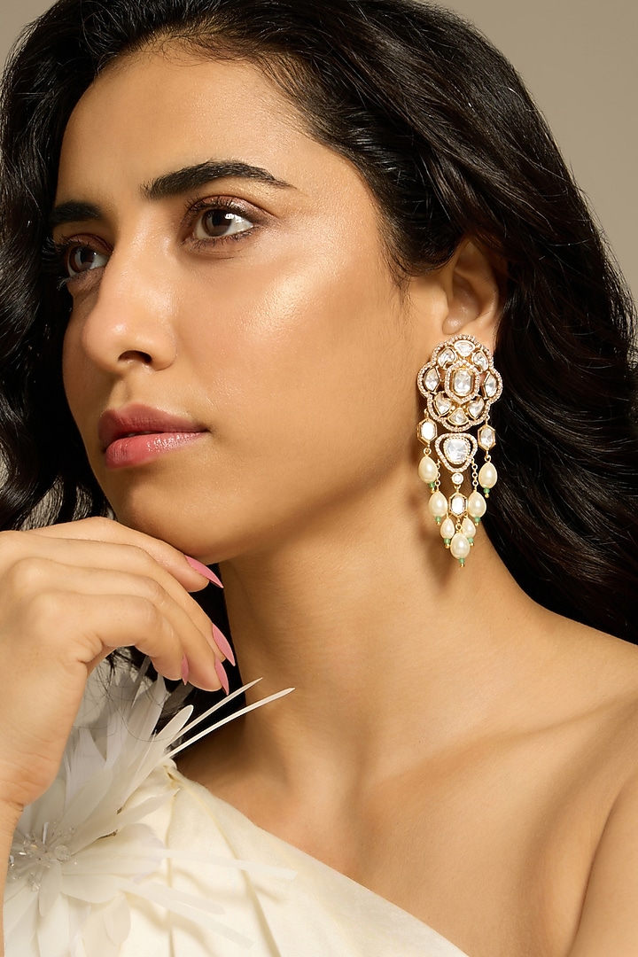 Gold Finish Pearl & Kundan Polki Dangler Earrings by Joules By Radhika at Pernia's Pop Up Shop