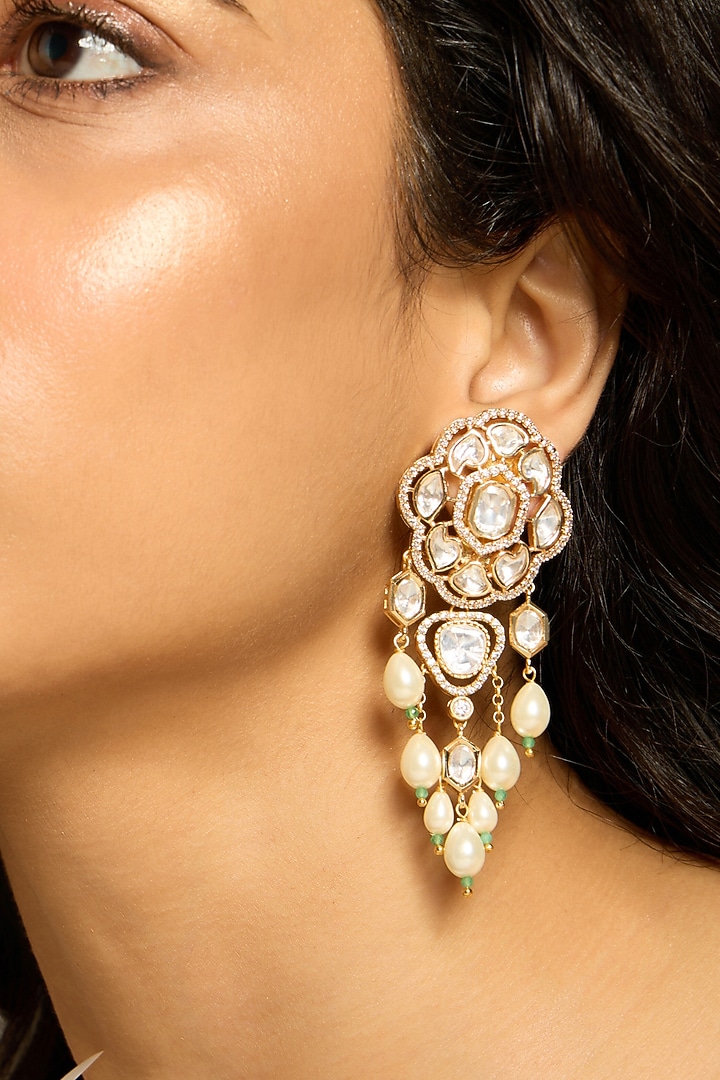 Gold Finish Pearl & Kundan Polki Dangler Earrings by Joules By Radhika at Pernia's Pop Up Shop