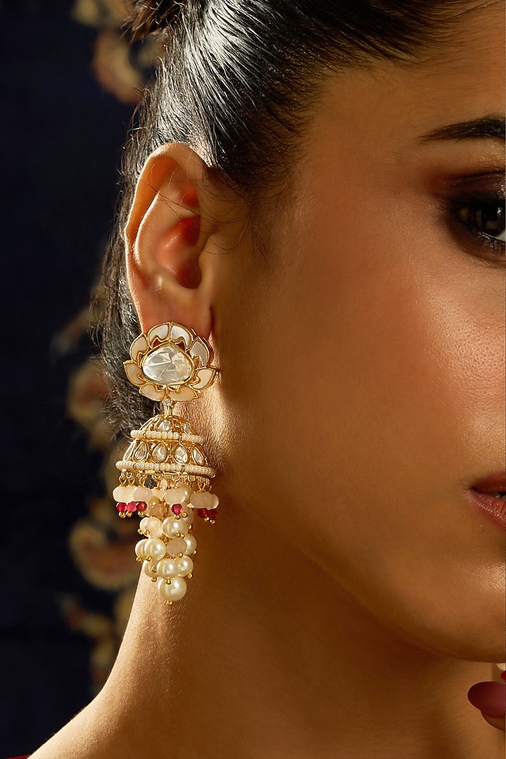 Gold Finish Kundan Polki & Pearl Jhumka Earrings by Joules By Radhika at Pernia's Pop Up Shop