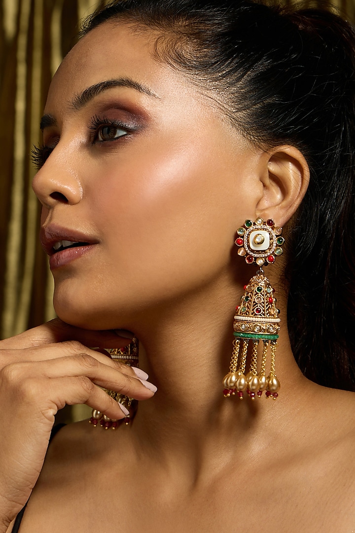 Gold Finish Multi-Colored Stone Jhumka Earrings by Joules By Radhika at Pernia's Pop Up Shop