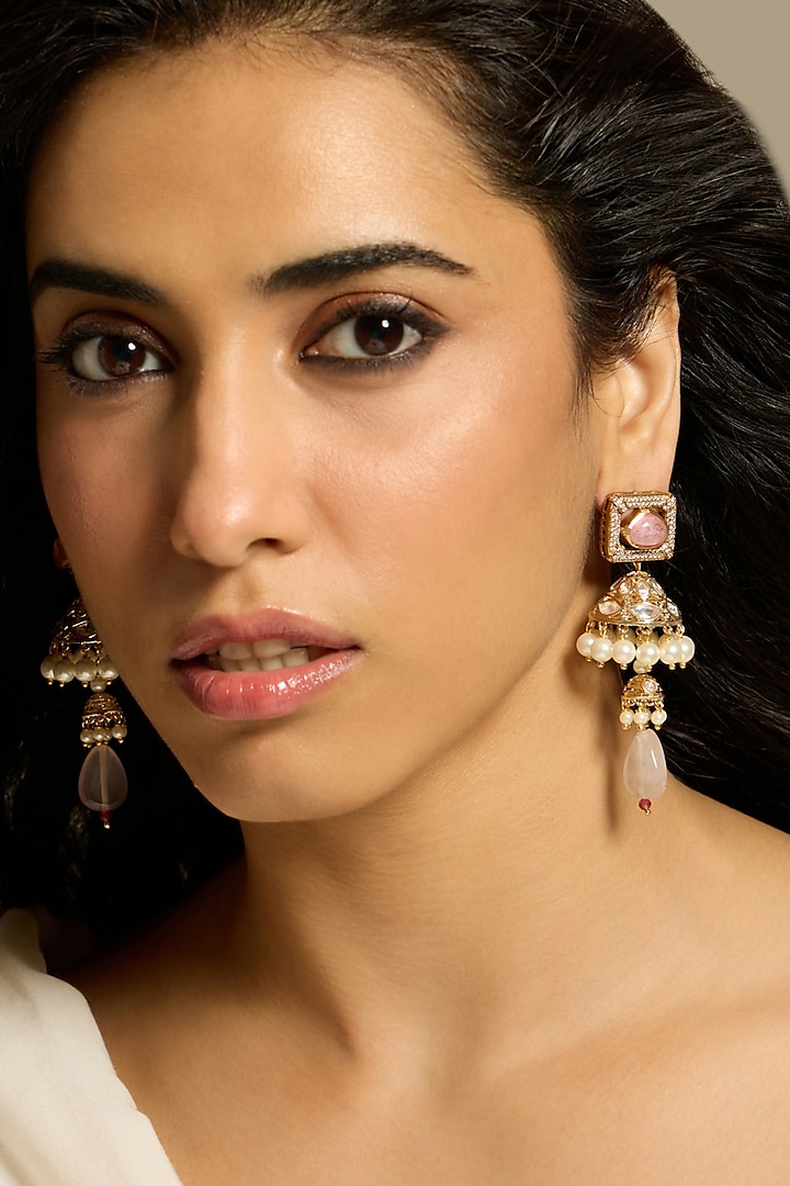 Gold Finish Pink Stone Jhumka Earrings by Joules By Radhika at Pernia's Pop Up Shop