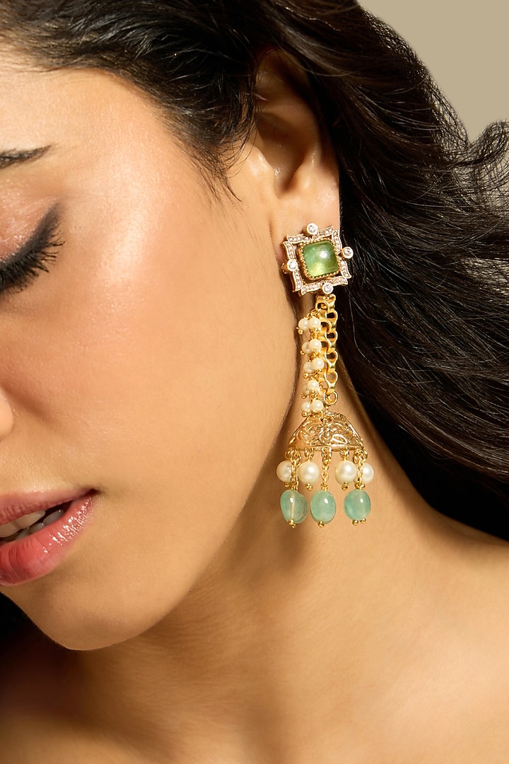 Gold Finish Green Stone Drop Earrings by Joules By Radhika at Pernia's Pop Up Shop