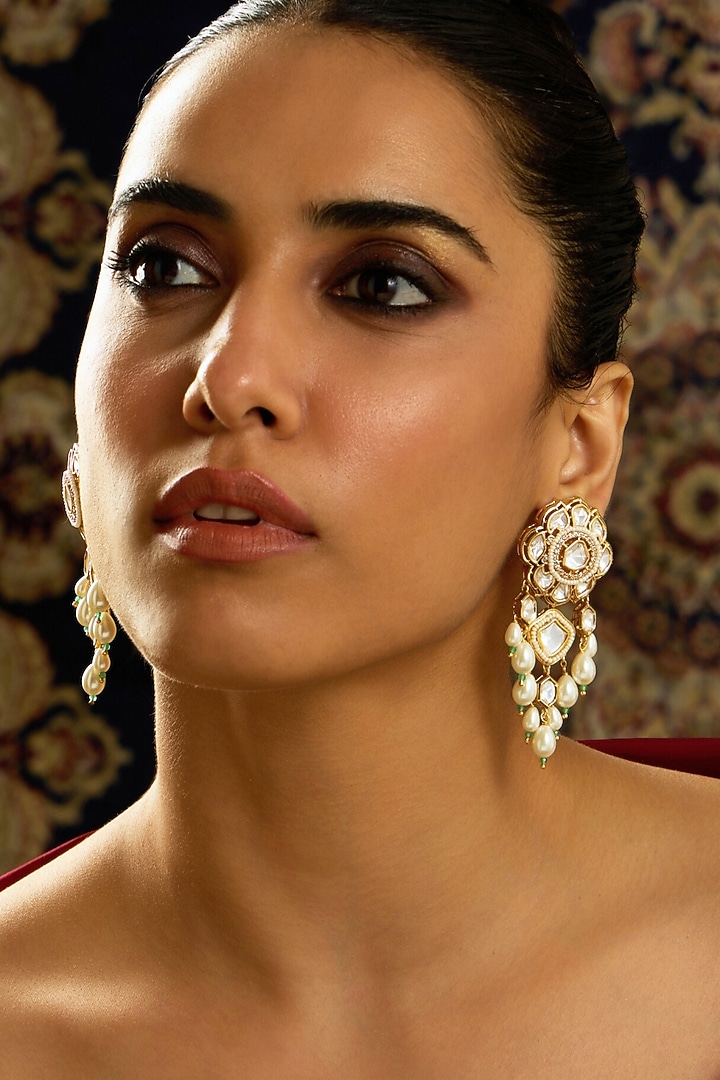 Gold Finish Kundan Polki Stone Drop Earrings by Joules By Radhika at Pernia's Pop Up Shop