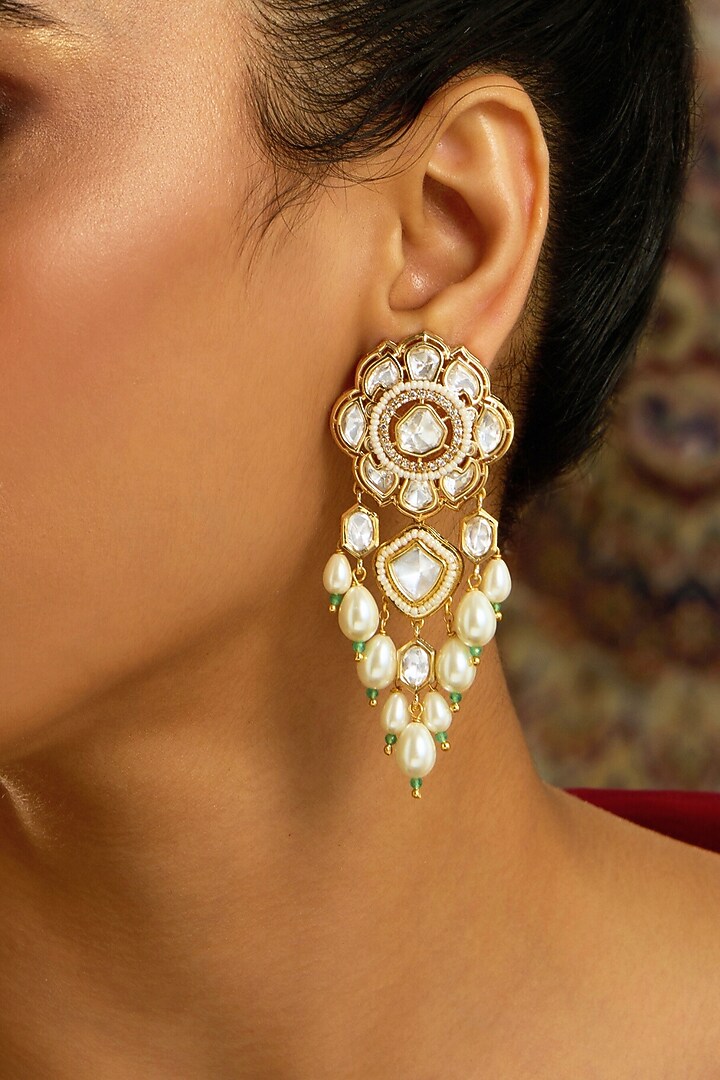 Gold Finish Kundan Polki Stone Drop Earrings by Joules By Radhika at Pernia's Pop Up Shop