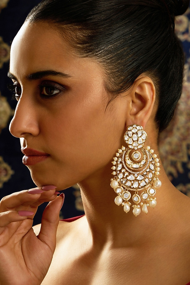 Gold Finish Kundan Polki Stone & Pearl Chandbali Earrings by Joules By Radhika at Pernia's Pop Up Shop