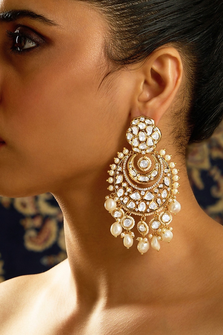 Gold Finish Kundan Polki Stone & Pearl Chandbali Earrings by Joules By Radhika at Pernia's Pop Up Shop