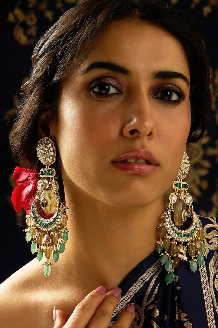 Gold Finish Green & Yellow Stone Chandbali Earrings by Joules By Radhika at Pernia's Pop Up Shop