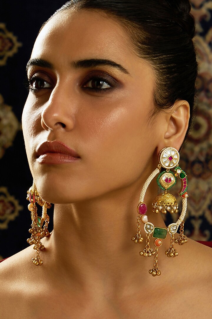 Gold Finish Parrot Motifs & Multi-Colored Stone Dangler Earrings by Joules By Radhika at Pernia's Pop Up Shop