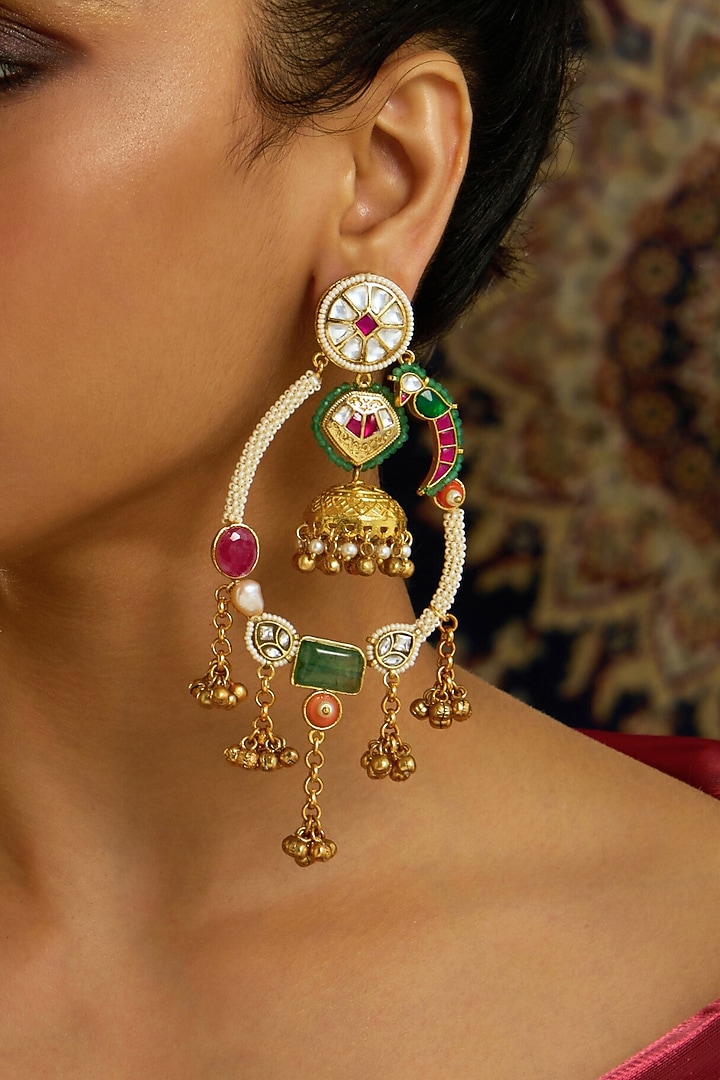 Gold Finish Parrot Motifs & Multi-Colored Stone Dangler Earrings by Joules By Radhika at Pernia's Pop Up Shop