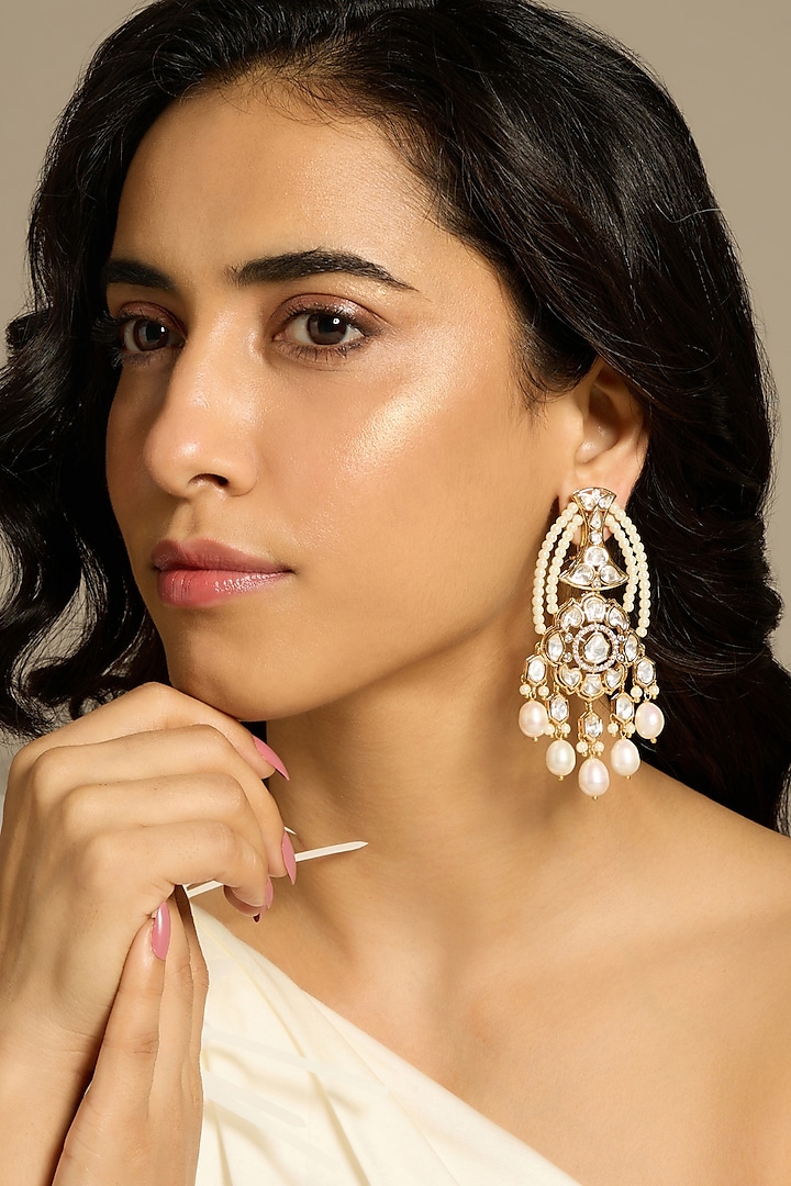 Gold Finish Oval Shaped Kundan Polki & Pearl Dangler Earrings by Joules By Radhika at Pernia's Pop Up Shop