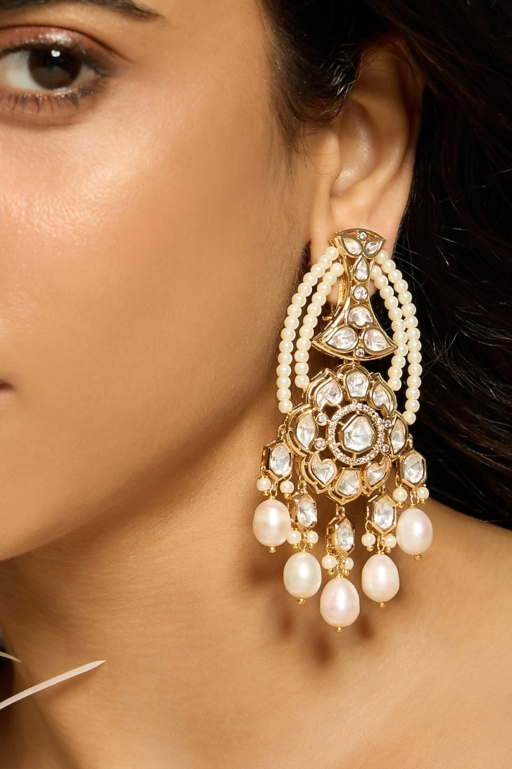 Gold Finish Oval Shaped Kundan Polki Pearl Dangler Earrings by Joules By  Radhika at Pernia's Pop Up Shop