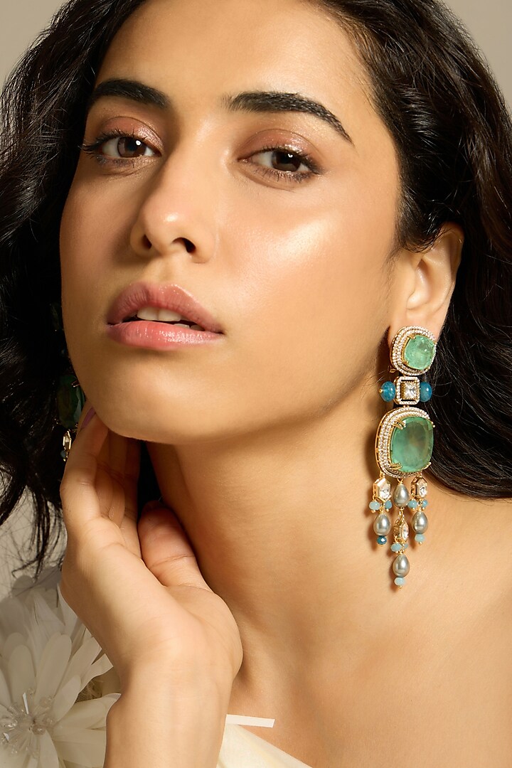 Gold Finish Light Green Stone Drop Earrings by Joules By Radhika at Pernia's Pop Up Shop