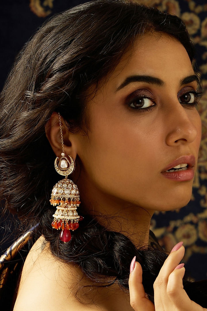 Gold Finish Crescent Kundan Polki & Multi-Colored Stone Jhumka Earrings by Joules By Radhika at Pernia's Pop Up Shop