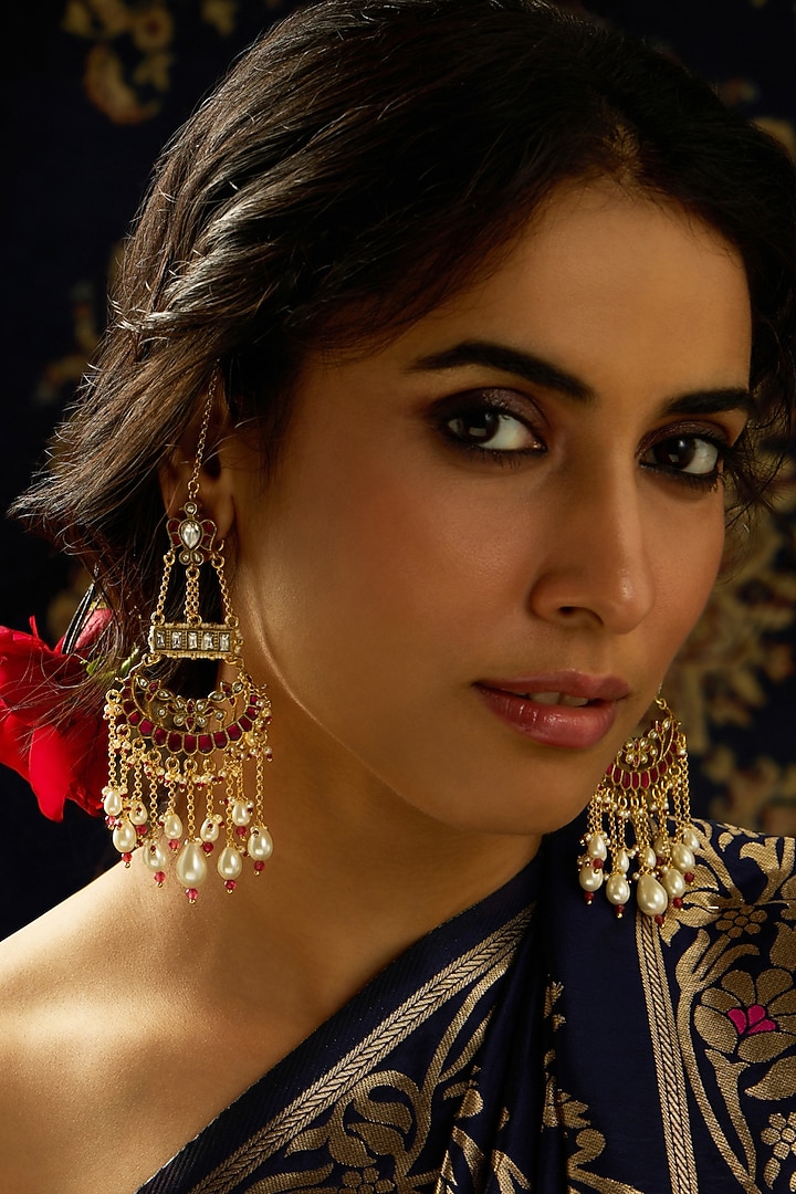 Gold Finish Red Stone Chandbali Earrings by Joules By Radhika at Pernia's Pop Up Shop
