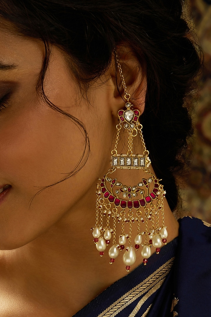 Gold Finish Red Stone Chandbali Earrings by Joules By Radhika at Pernia's Pop Up Shop