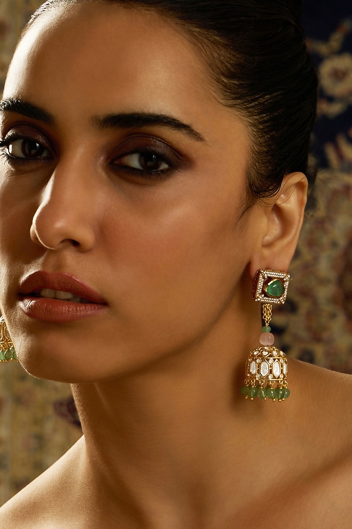 Gold Finish Green & Pink Beaded Dangler Earrings by Joules By Radhika at Pernia's Pop Up Shop