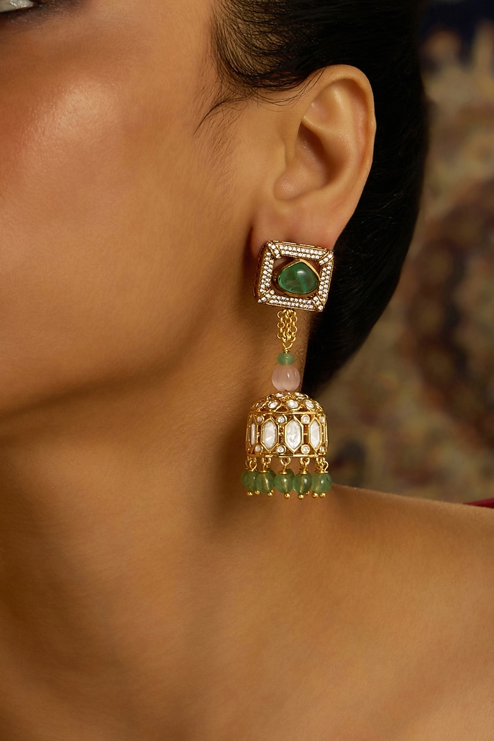 Gold Finish Green & Pink Beaded Dangler Earrings by Joules By Radhika at Pernia's Pop Up Shop