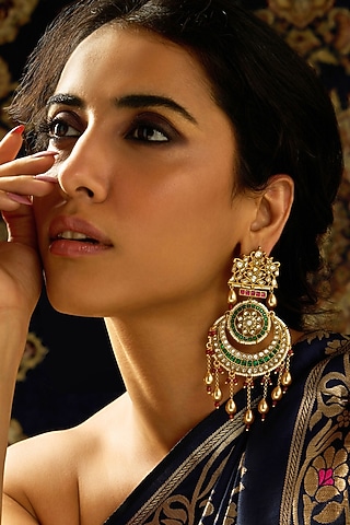 Gold Finish Red & Green Stone Chandbali Earrings by Joules By Radhika