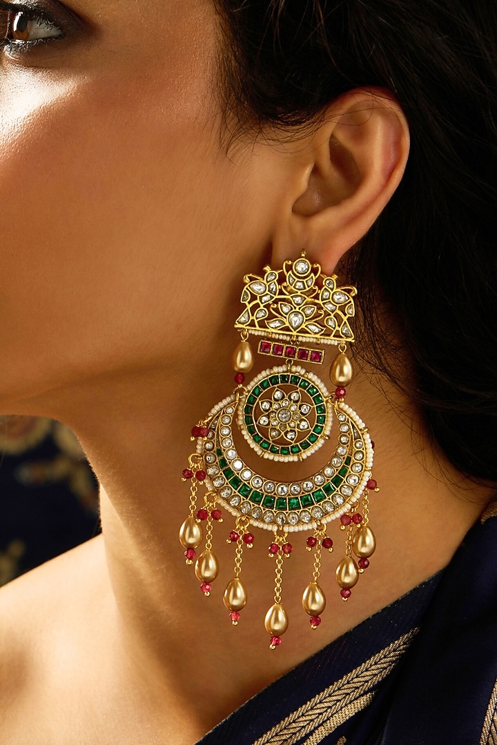 Gold Finish Red & Green Stone Chandbali Earrings by Joules By Radhika at Pernia's Pop Up Shop