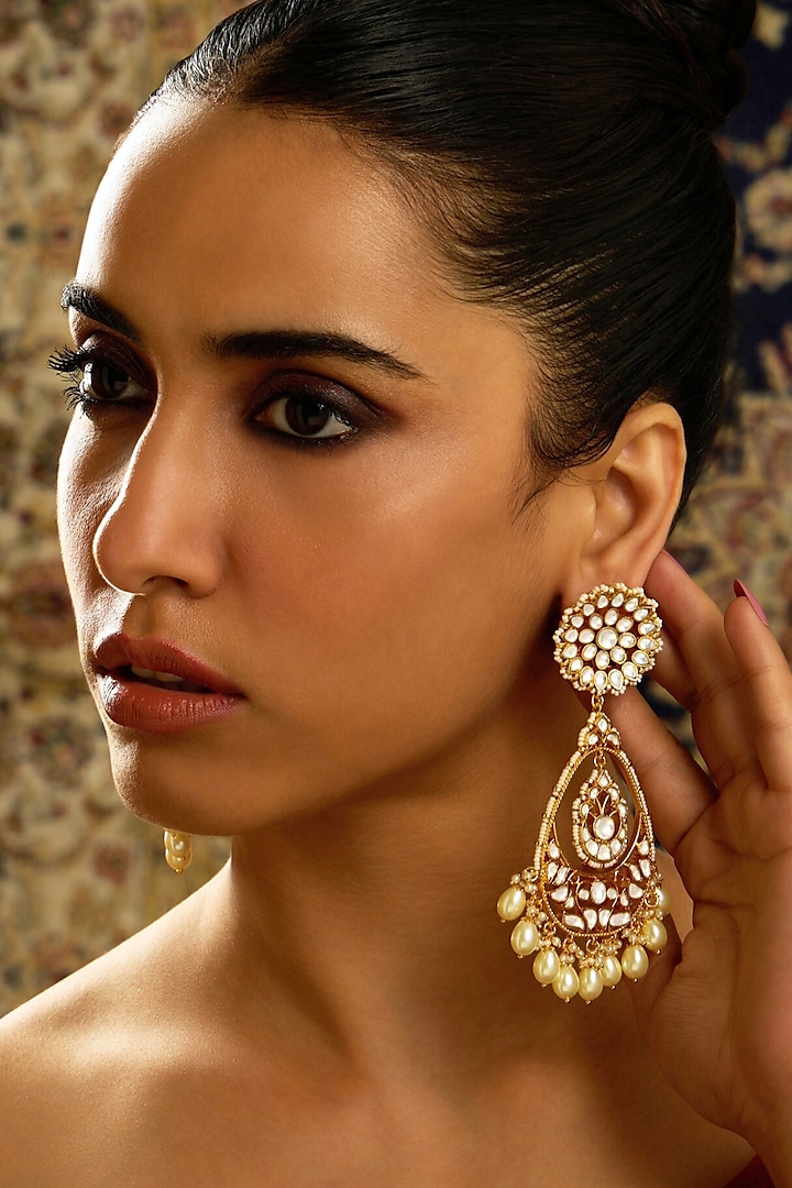 Gold Finish Kundan Polki & Pearl Chandbali Earrings by Joules By Radhika at Pernia's Pop Up Shop