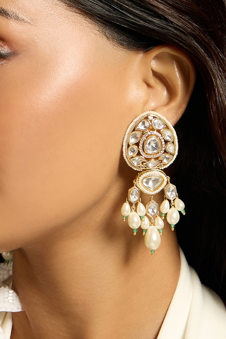 Gold Finish Kundan Polki & Pearl Dangler Earrings by Joules By Radhika at Pernia's Pop Up Shop