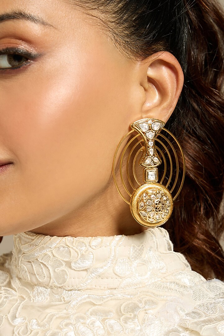 Gold Finish Kundan Polki Dangler Earrings by Joules By Radhika at Pernia's Pop Up Shop