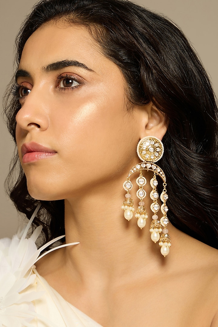 Gold Finish Pearl & Kundan Polki Dangler Earrings by Joules By Radhika at Pernia's Pop Up Shop