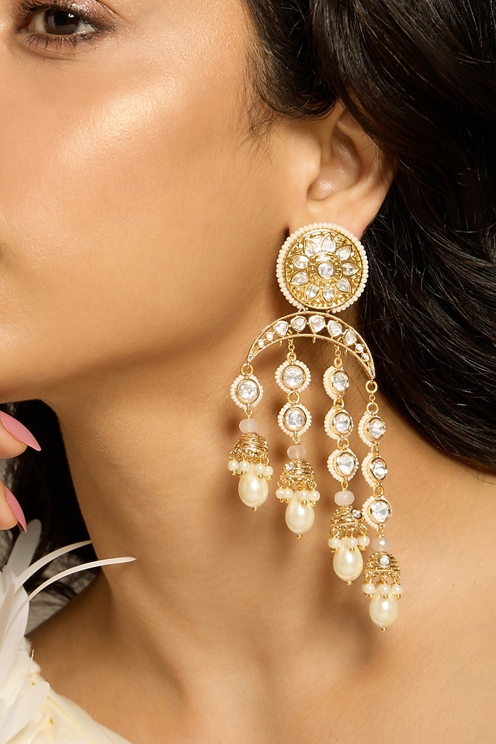 Gold Finish Pearl & Kundan Polki Dangler Earrings by Joules By Radhika at Pernia's Pop Up Shop