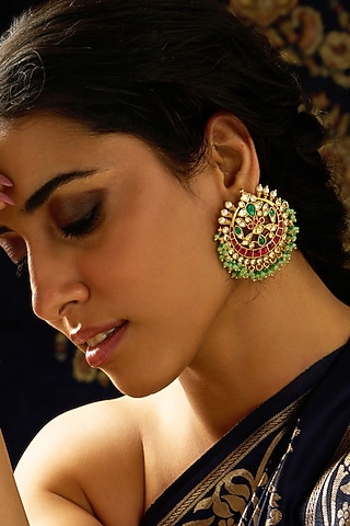Gold Finish Multi-Colored Stone Round Stud Earrings by Joules By Radhika