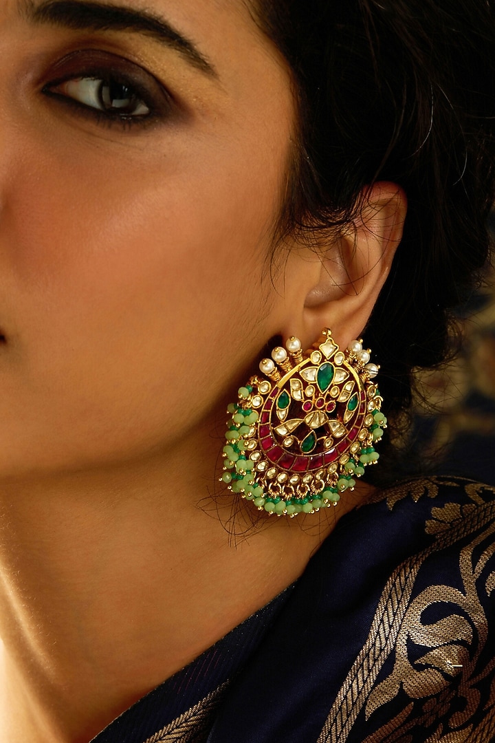 Gold Finish Multi-Colored Stone Round Stud Earrings by Joules By Radhika at Pernia's Pop Up Shop