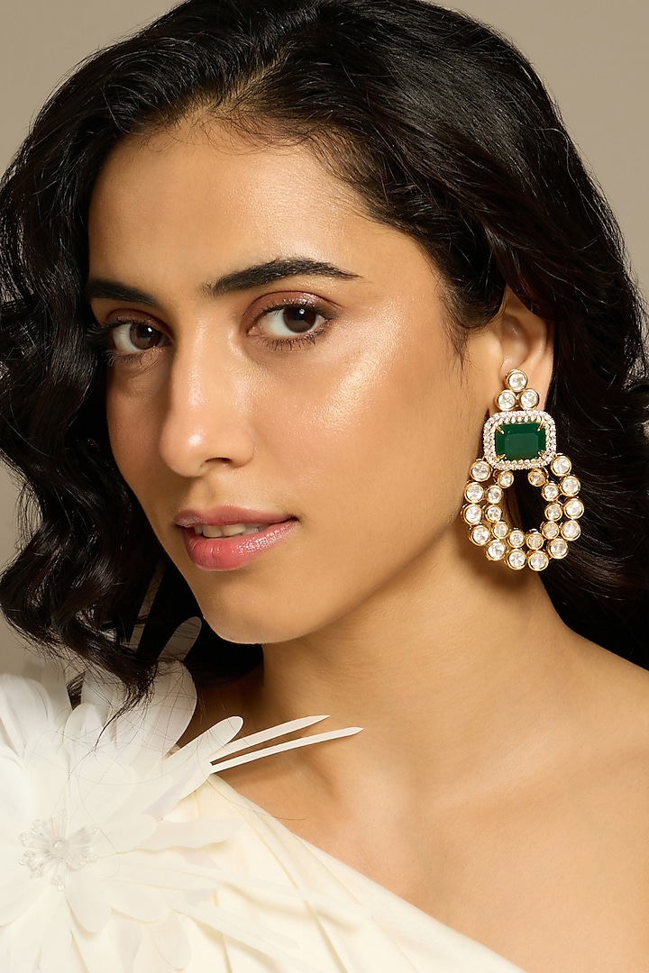 Gold Finish Kundan Polki & Green Stone Dangler Earrings by Joules By Radhika at Pernia's Pop Up Shop