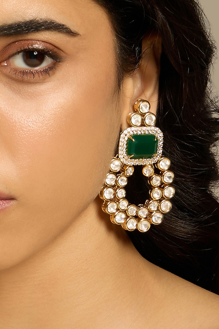 Gold Finish Kundan Polki & Green Stone Dangler Earrings by Joules By Radhika at Pernia's Pop Up Shop