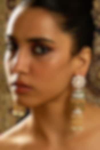 Gold Finish Multi-Colored Motifs Jhumka Earrings by Joules By Radhika at Pernia's Pop Up Shop