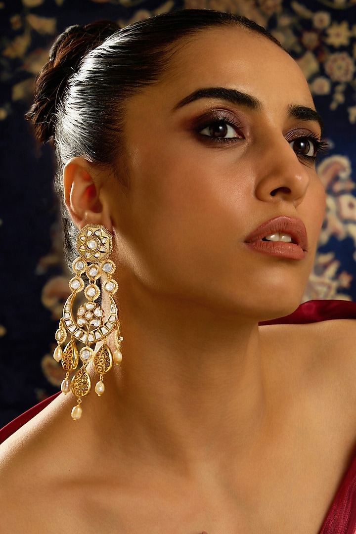 Gold Finish Kundan Stone Chandbali Earrings by Joules By Radhika at Pernia's Pop Up Shop