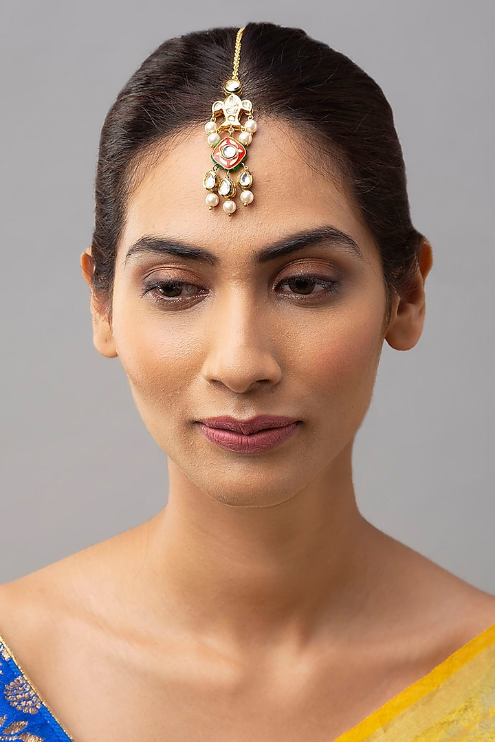 Gold Finish Shell Pearl Maang Tikka by Joules By Radhika