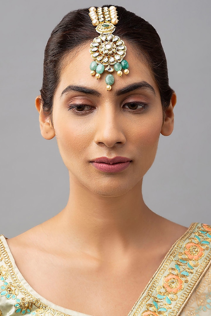 Gold Finish Maang Tikka With Jade Drops by Joules By Radhika