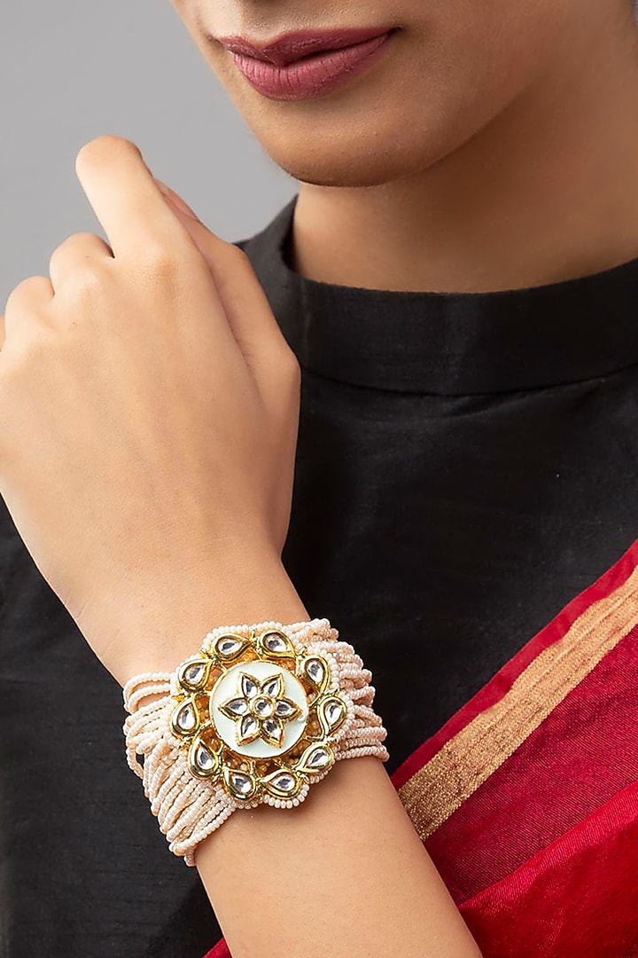 Gold Finish Meenakari Bracelet by Joules By Radhika at Pernia's Pop Up Shop