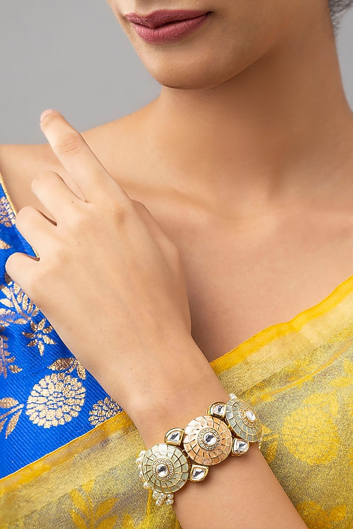 Gold Finish Hydro Kundan & Polki Bracelet by Joules By Radhika at Pernia's Pop Up Shop