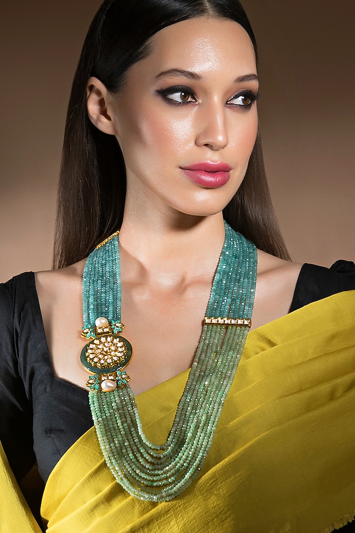 Gold Finish Meenakari Lotus Necklace by Joules By Radhika at Pernia's Pop Up Shop