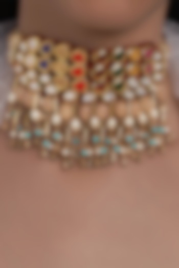 Gold Finish Hydro Navratan Polki Necklace by Joules By Radhika at Pernia's Pop Up Shop