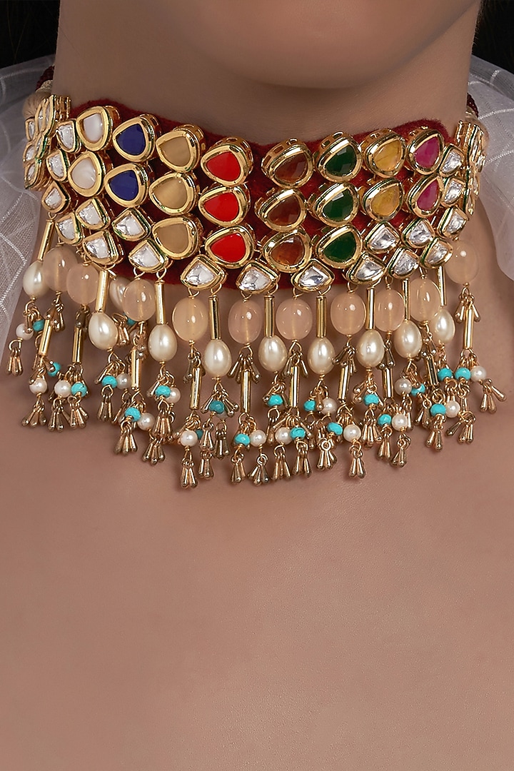 Gold Finish Hydro Navratan Polki Necklace by Joules By Radhika at Pernia's Pop Up Shop