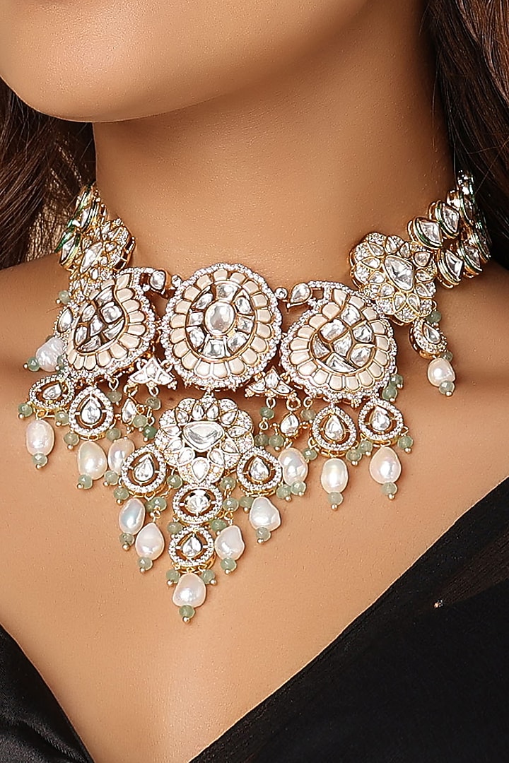 Gold Finish Kundan Polki Choker Necklace by Joules By Radhika at Pernia's Pop Up Shop
