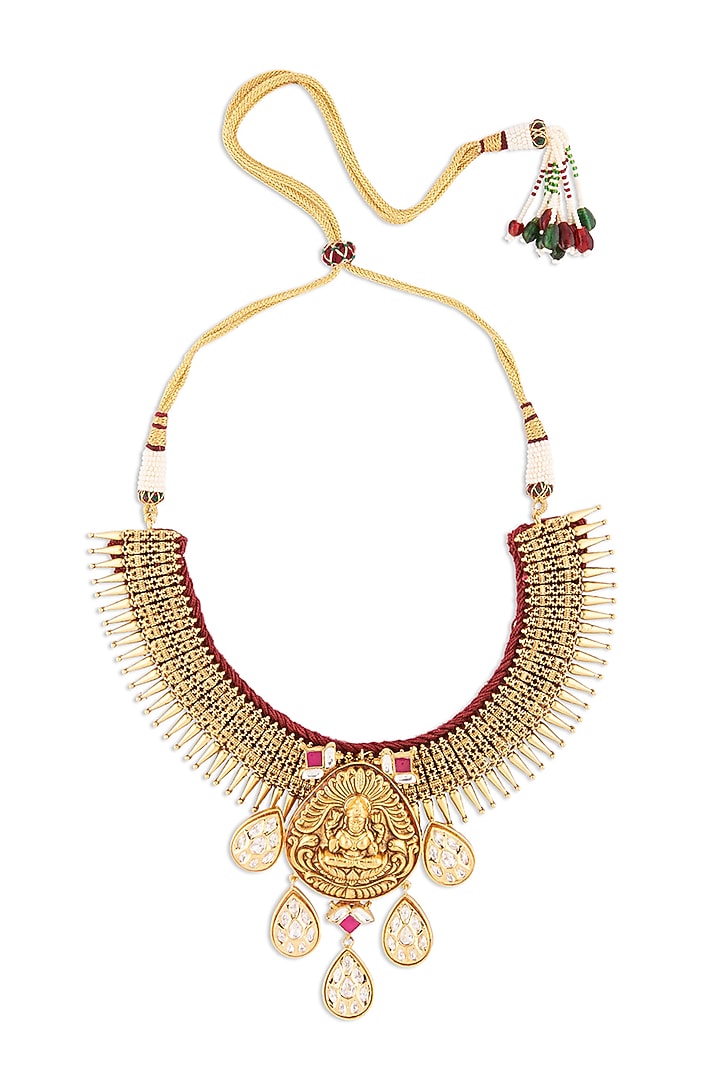 Gold Finish Meenakari Temple Choker Necklace by Joules By Radhika at Pernia's Pop Up Shop