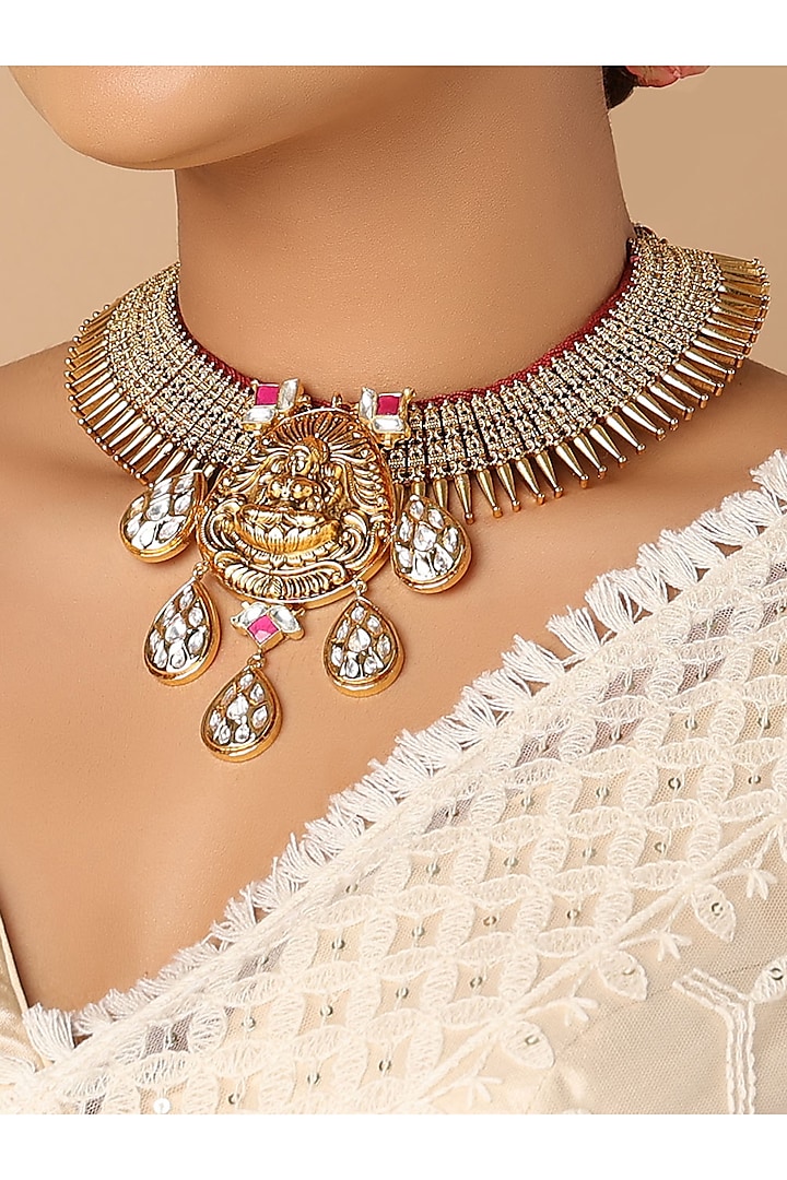 Gold Finish Meenakari Temple Choker Necklace by Joules By Radhika