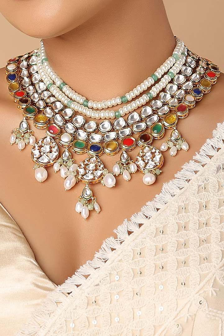Gold Finish Navratna Stones Necklace by Joules By Radhika