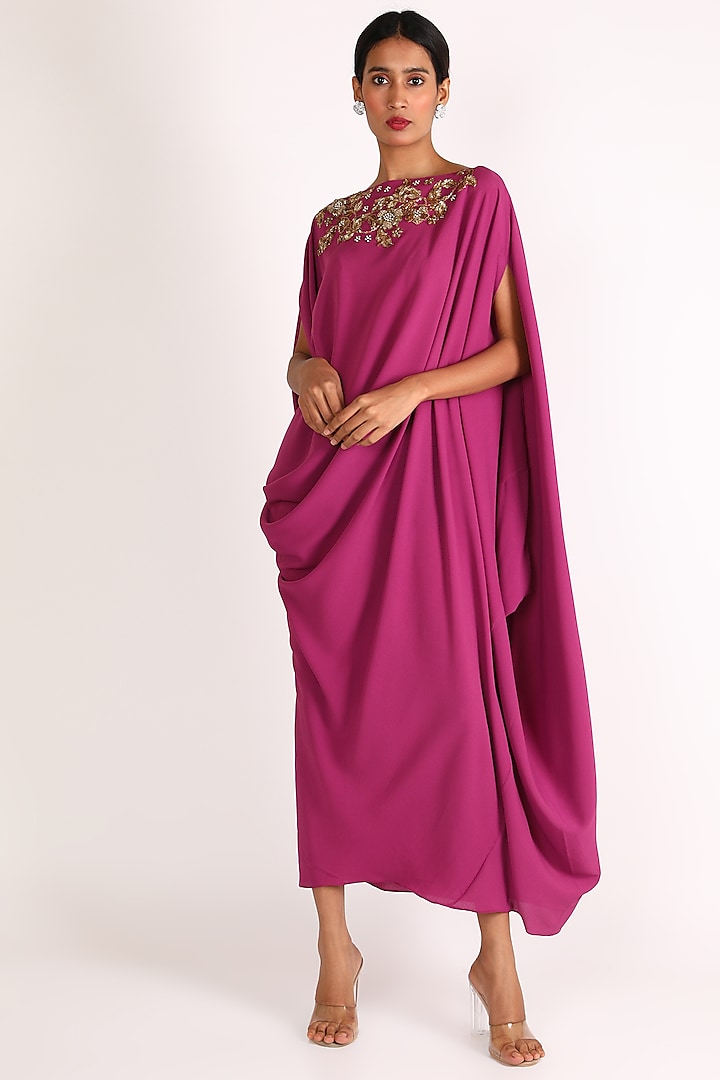 Pink Off Shoulder Cowl Draped Dress by July