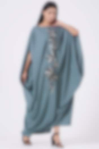 Blue-Grey Hand Embroidered Cowl Draped Dress by July at Pernia's Pop Up Shop