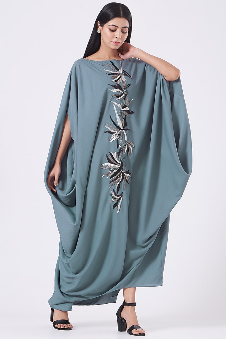 Blue-Grey Hand Embroidered Cowl Draped Dress by July